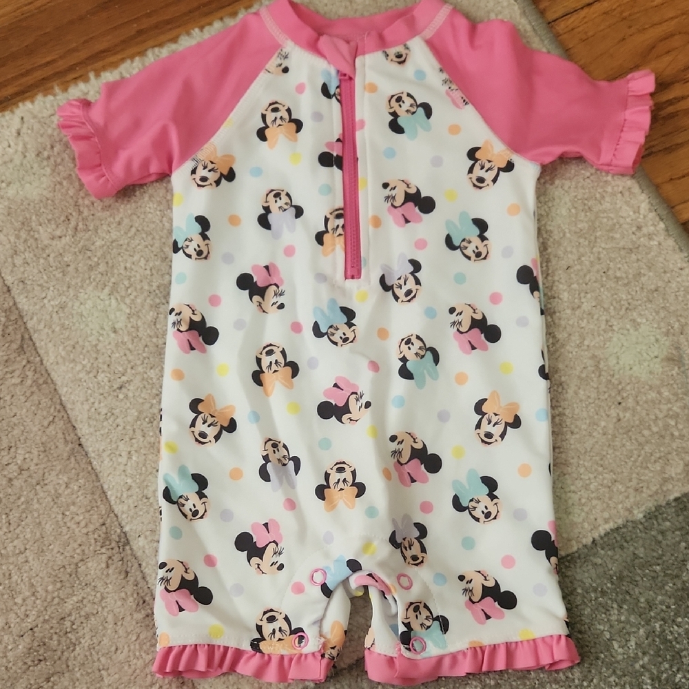 Like New Disney Baby Minnie Mouse Pink and White Swim Romper 12M